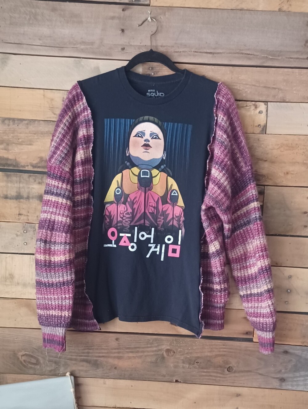 Upcycled Graphic Squid Game Tee with Pink Striped Cardigan Sleeves